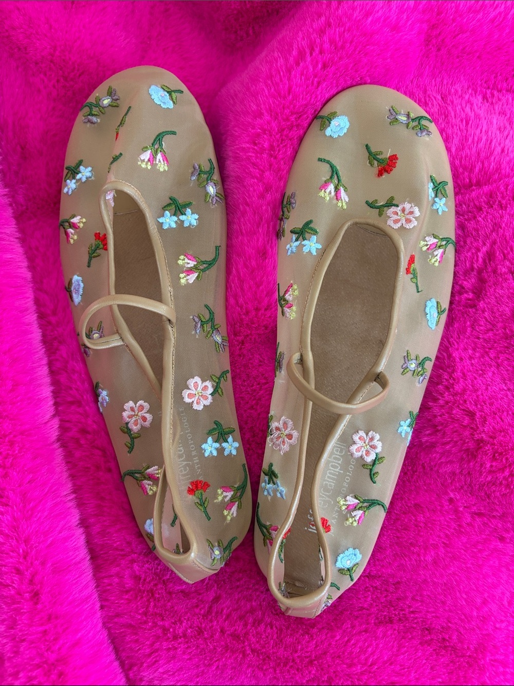 Jeffrey Campbell Tan Floral Embroidered Ballet Flats
